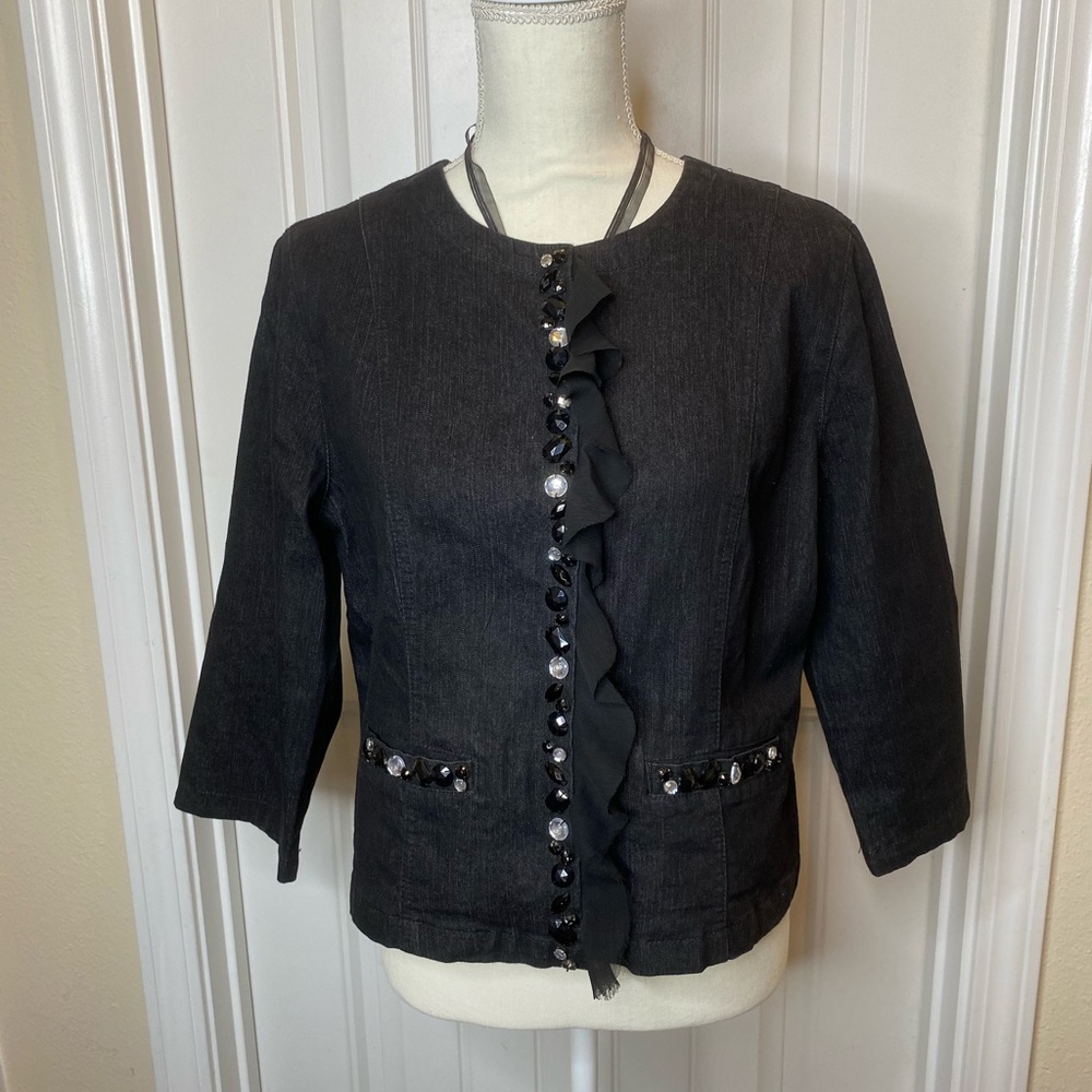 Women's RUBY RD. Black Beaded Sequins and Ruffle Jacket - Size 12 EUC
